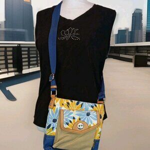 Franco Sarto Canvas Sunflower Floral Print Satchel Bag – Blue Handles – Medium